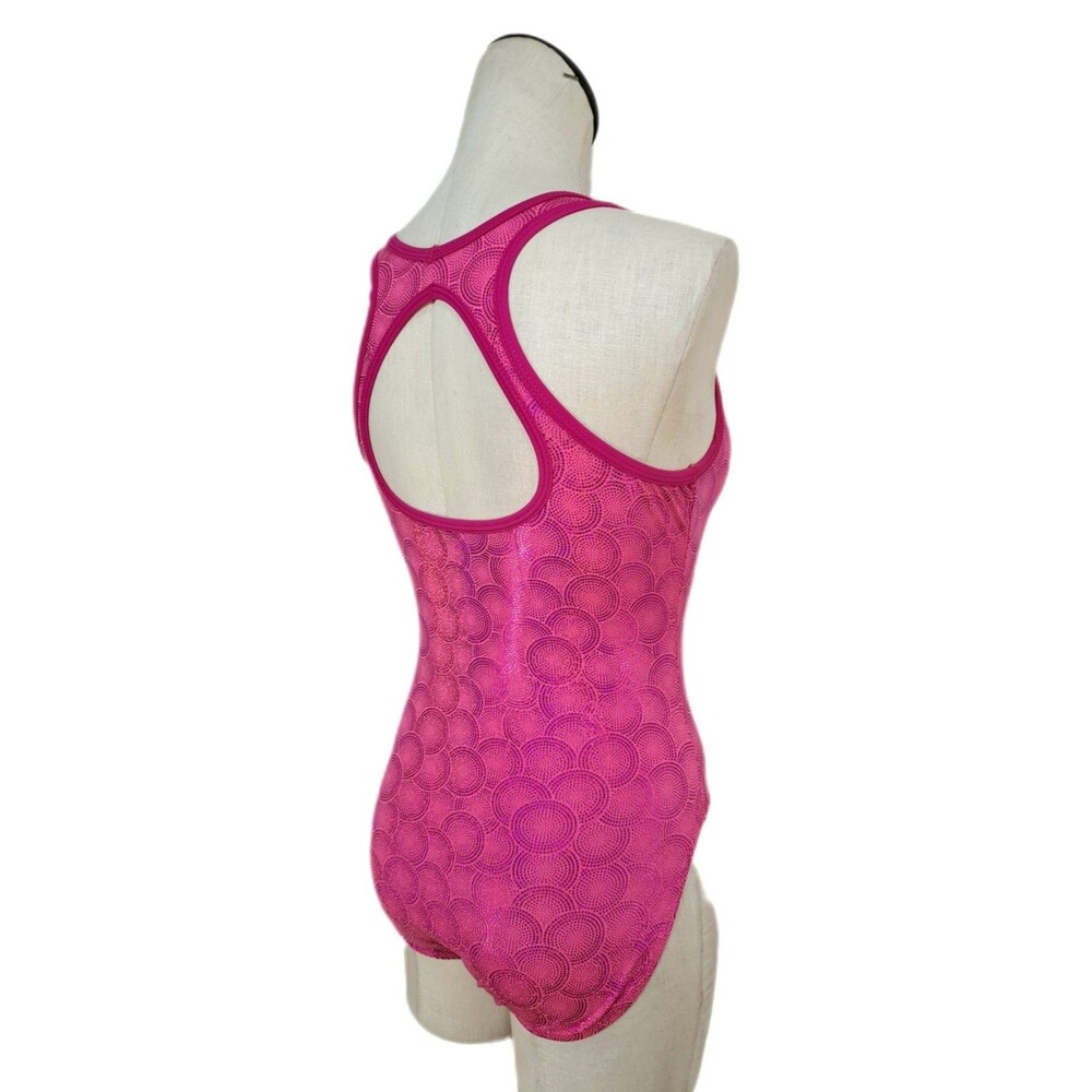 Satara VTG Barbie Pink Foiled Circles Racerback Leotard Open Back Keyhole Sz AL - Picture 4 of 15